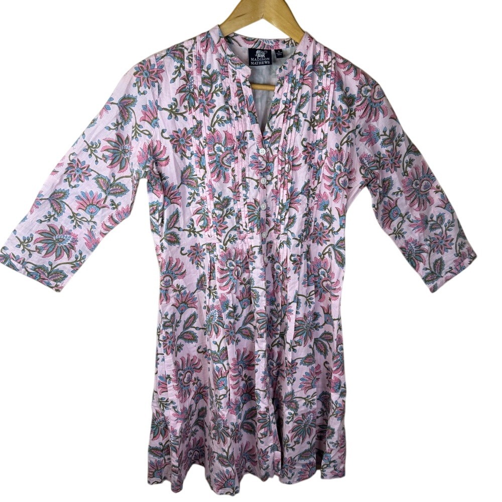 Madison Mathews Size Small Cotton‎ 3/4 Sleeve Floral Pink Dress Cottagecore